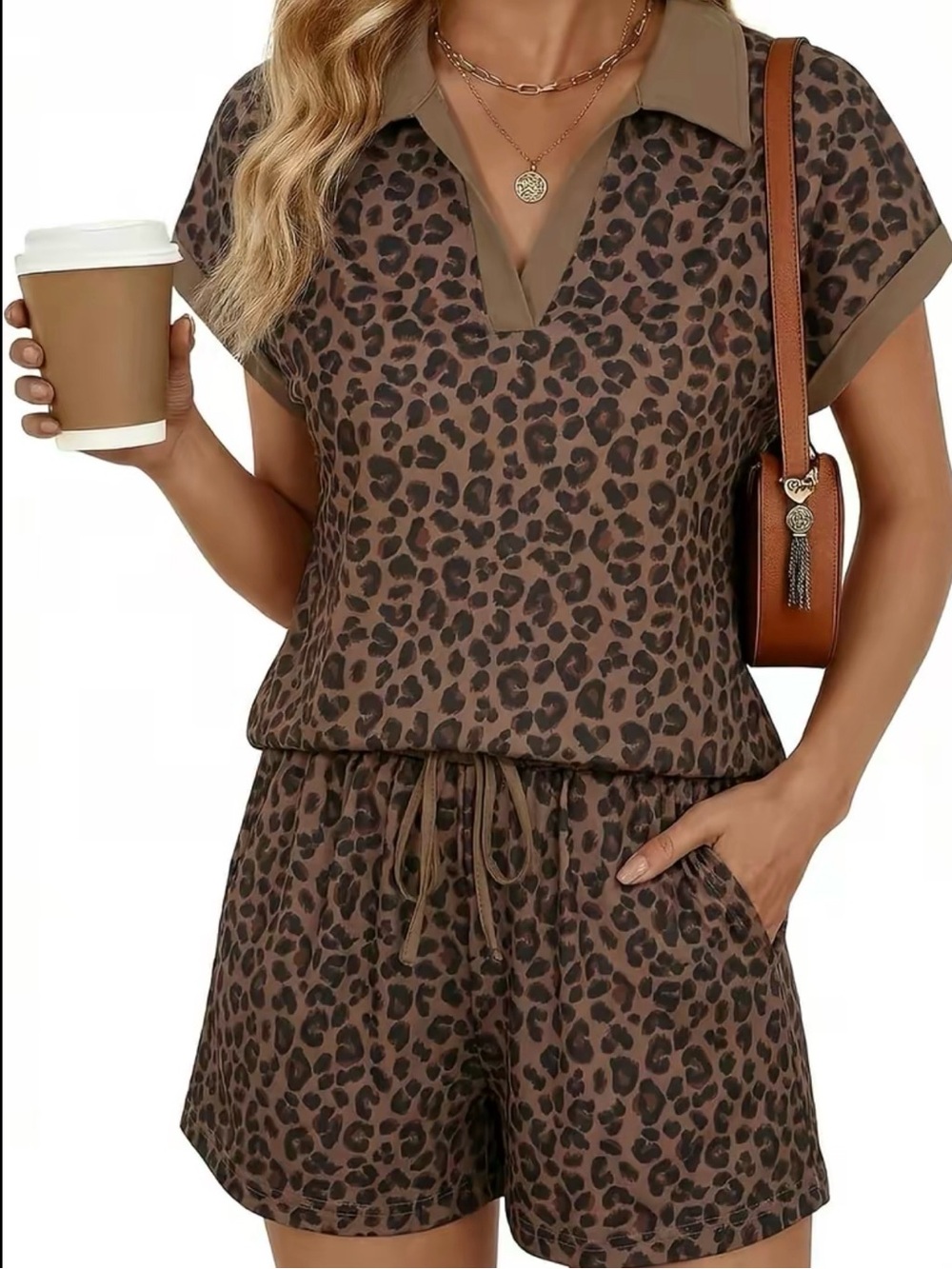Leopard Print Collared Loungewear Set - Brown & Black New XXL New Boutique